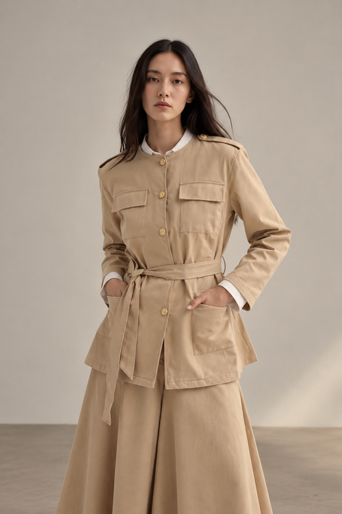 Beige Belted Denim Suit