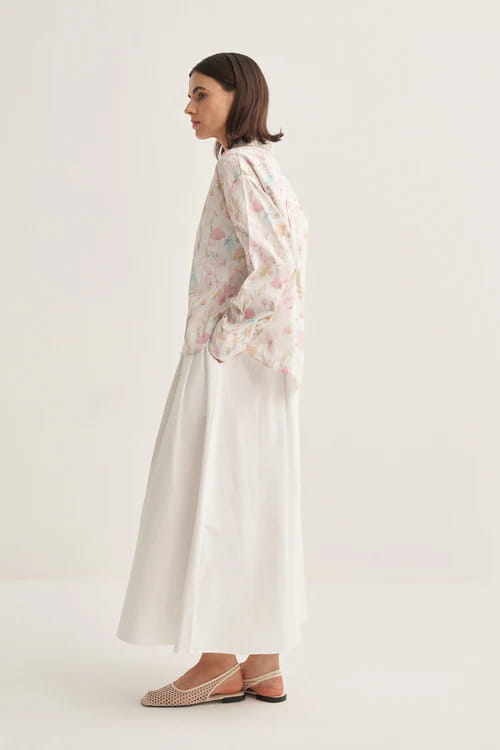 Ecru spring print oversized poplin cropped shirt
