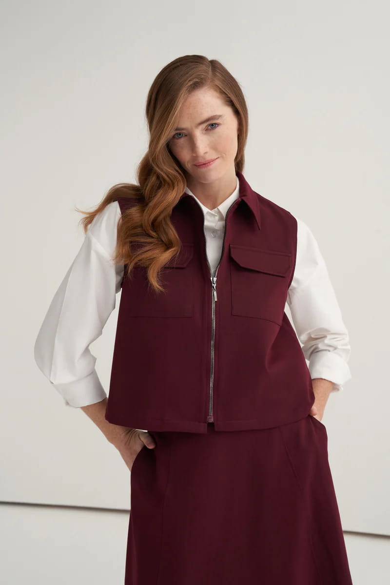 Burgundy gabardine vest skirt suit
