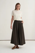 Khaki Gabardine Pleated Skirt