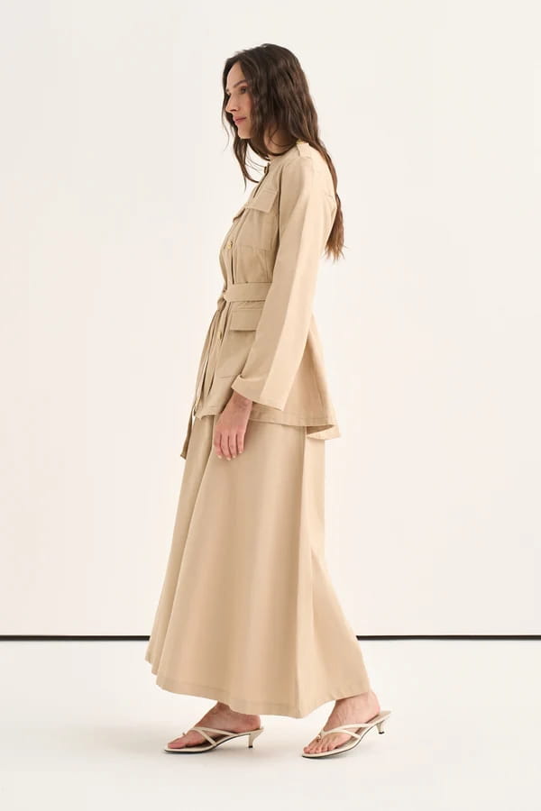 Beige Belted Denim Suit