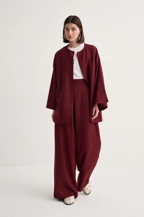 Burgundy draped cotton kimono shirt