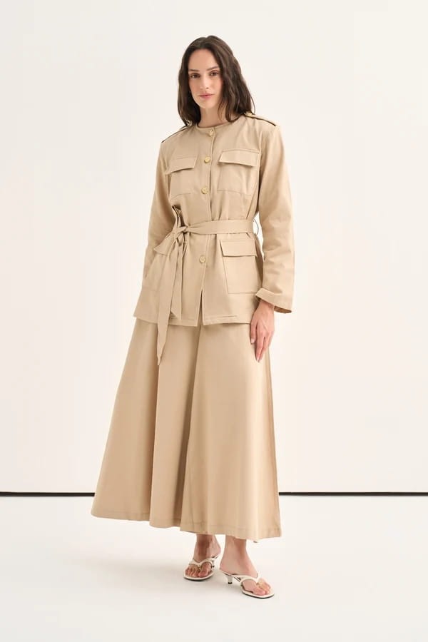 Beige Belted Denim Suit