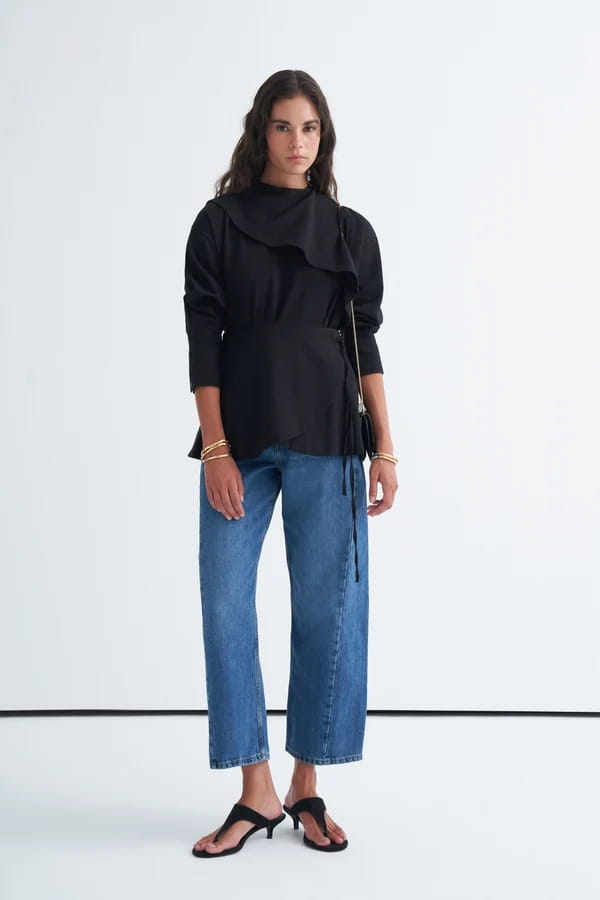 Black Organic Cotton Belted Blouse