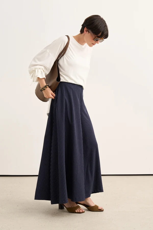Navy Striped Flared Trousers Skirt