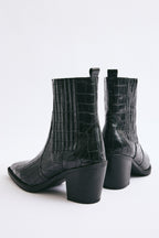 Black croc square-toe elastic ankle boots