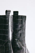 Black croc square-toe elastic ankle boots
