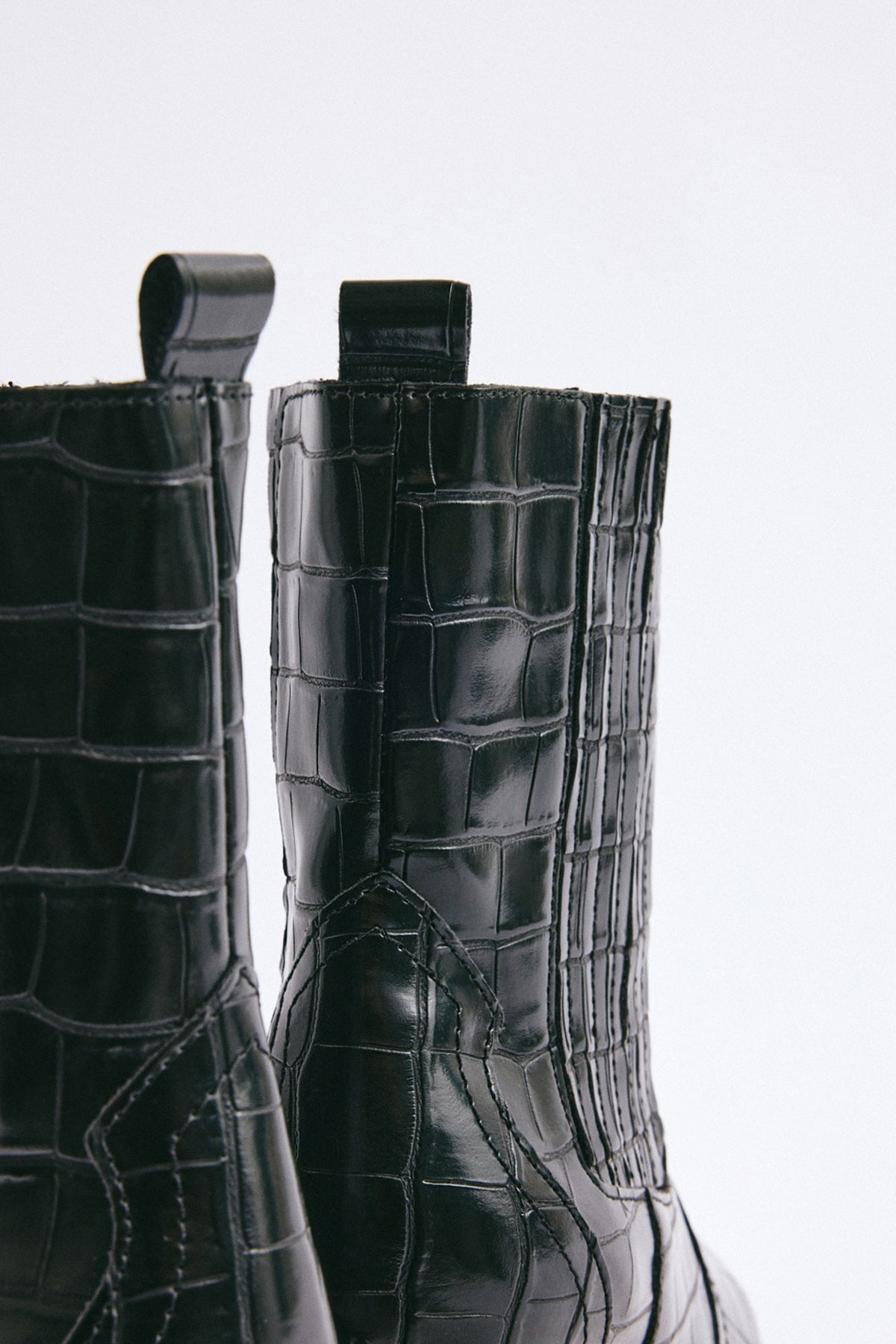 Black croc square-toe elastic ankle boots