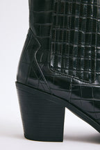 Black croc square-toe elastic ankle boots