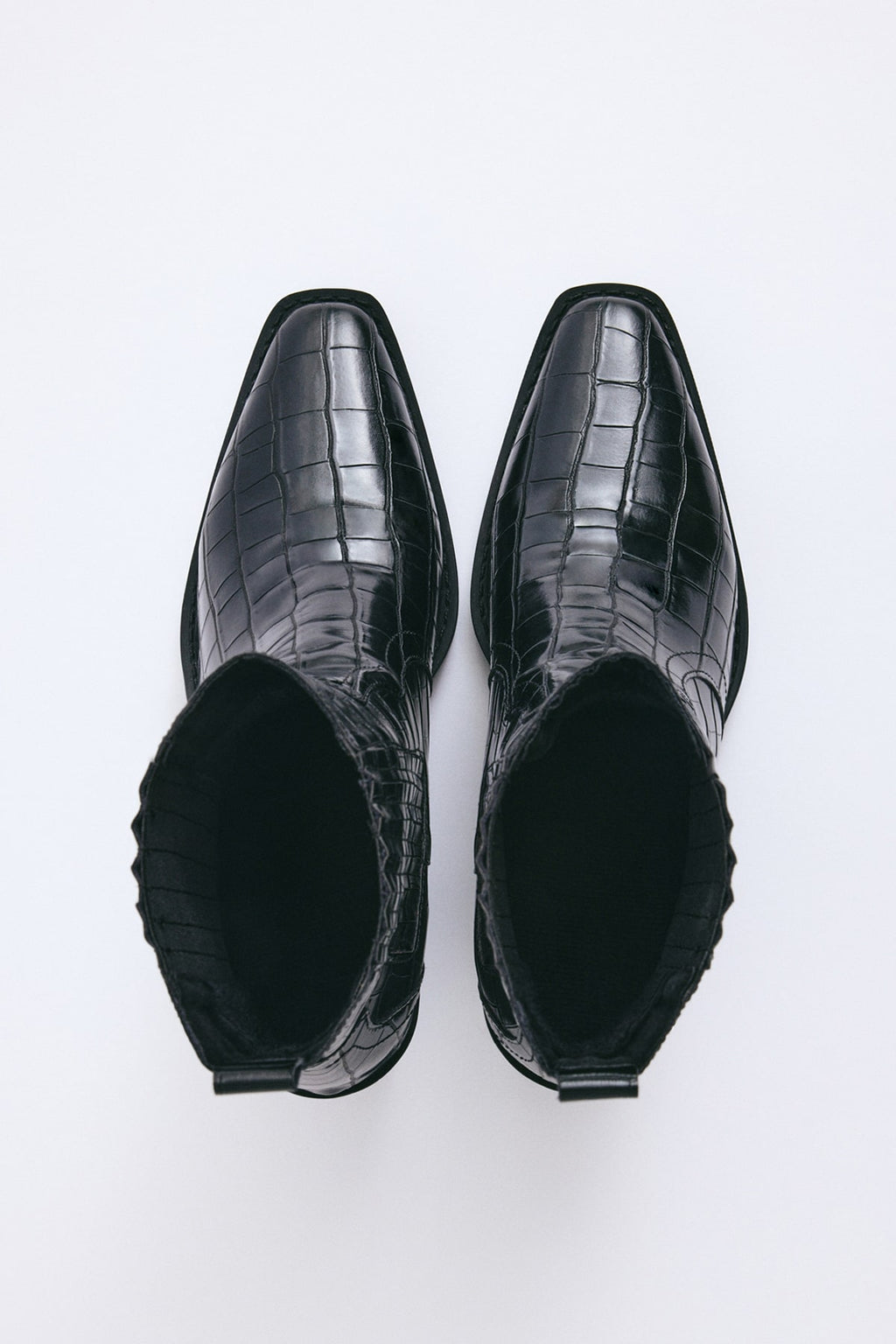 Black croc square-toe elastic ankle boots