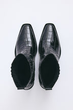 Black croc square-toe elastic ankle boots