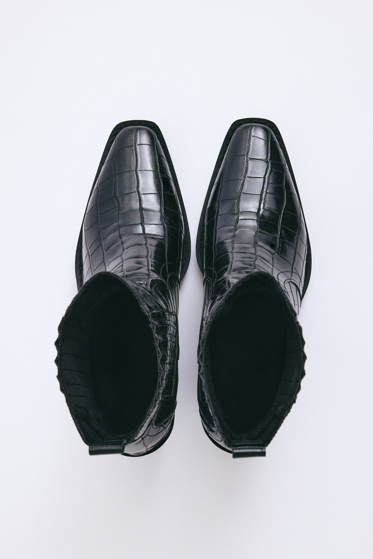 Black croc square-toe elastic ankle boots