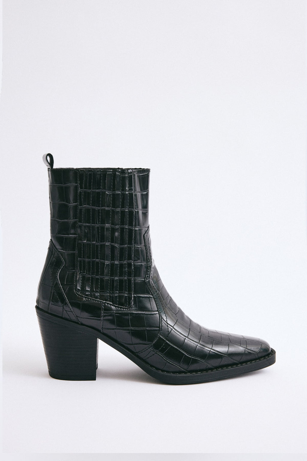 Black croc square-toe elastic ankle boots