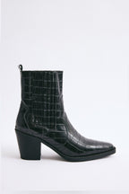 Black croc square-toe elastic ankle boots