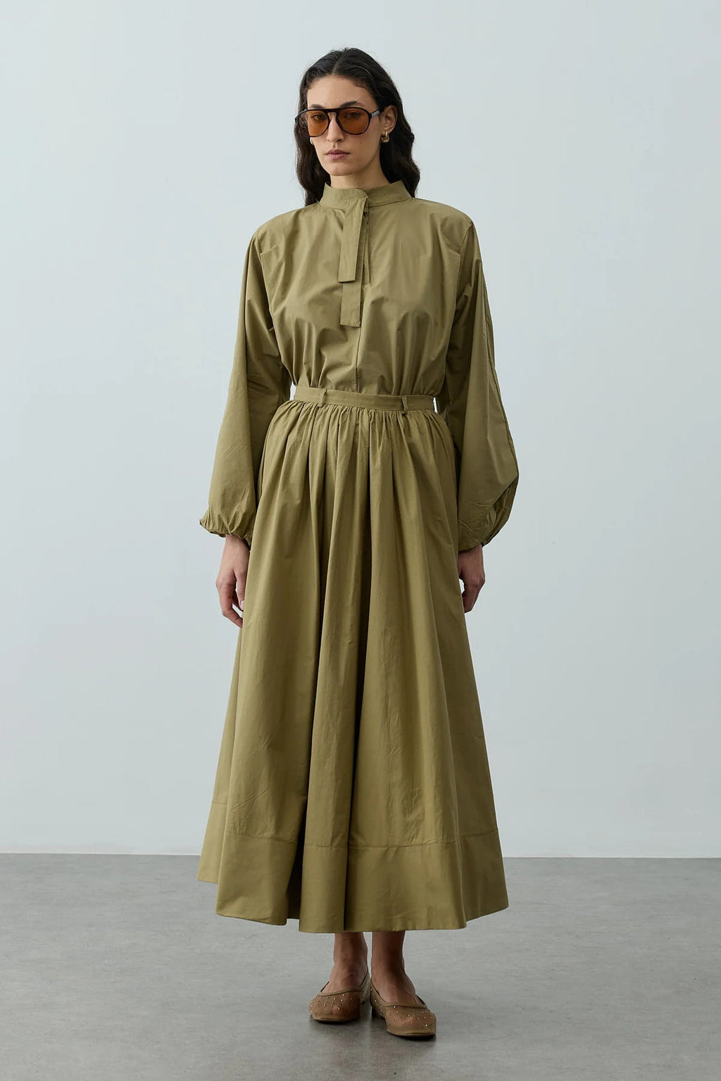 Green Gathered Maxi Skirt