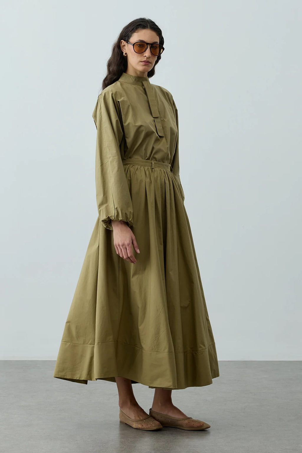 Green Gathered Maxi Skirt