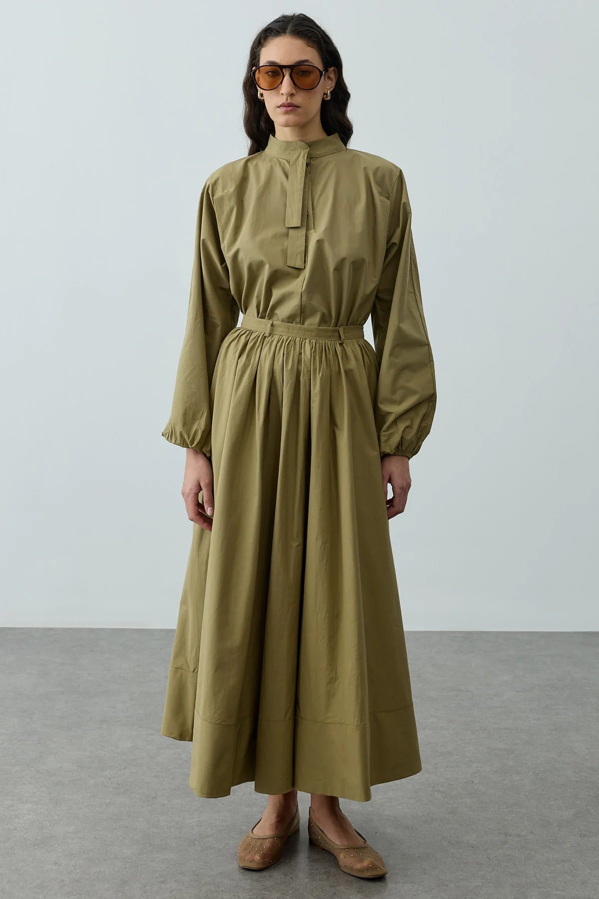 Green Gathered Maxi Skirt