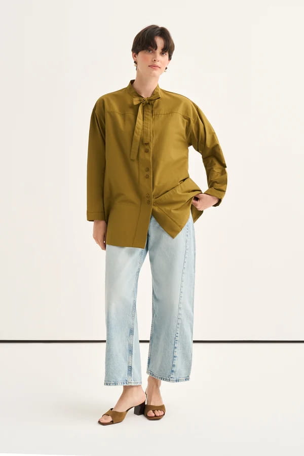 Olive Green Tie Neck Poplin Shirt