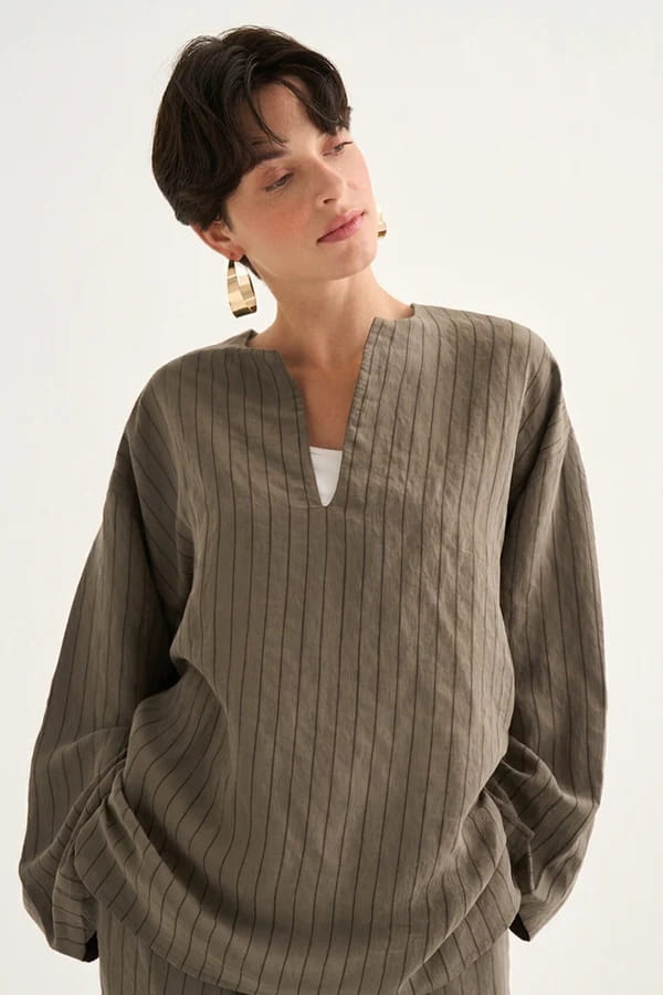 Khaki Striped Modal Suit