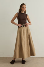 Camel Lena Stitch Detail Poplin Skirt