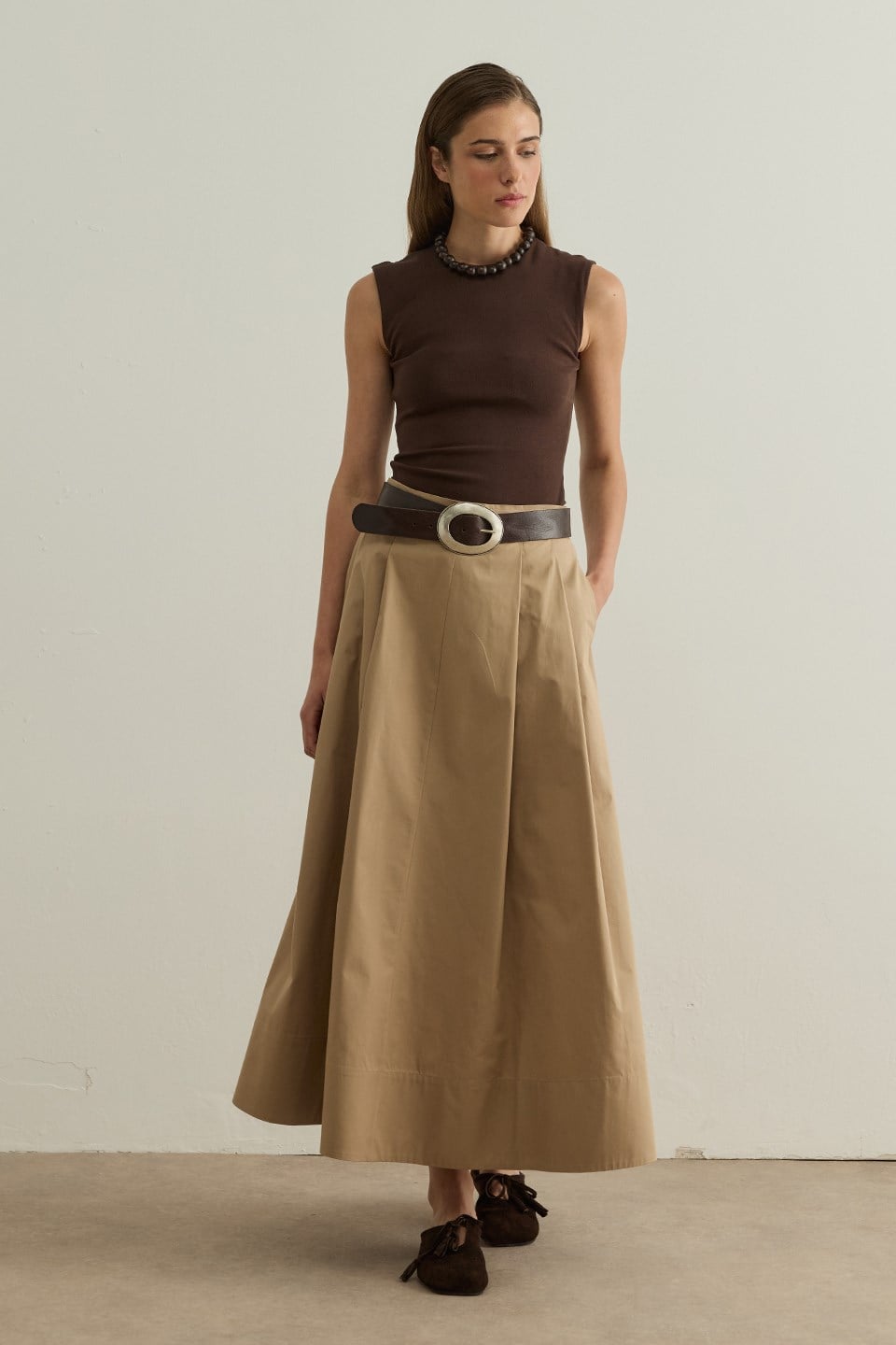 Camel Lena Stitch Detail Poplin Skirt