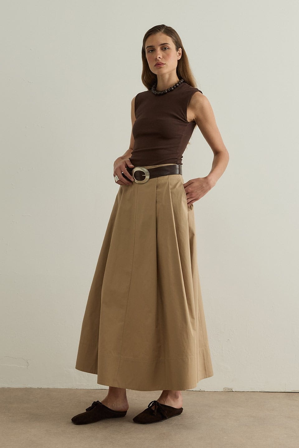 Camel Lena Stitch Detail Poplin Skirt