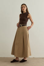 Camel Lena Stitch Detail Poplin Skirt