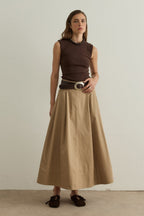 Camel Lena Stitch Detail Poplin Skirt