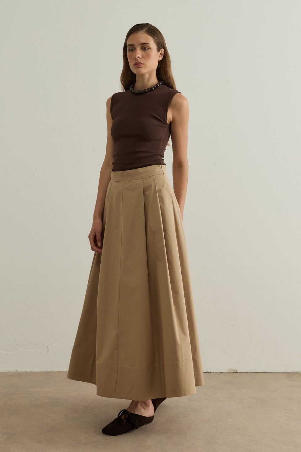 Camel Lena Stitch Detail Poplin Skirt
