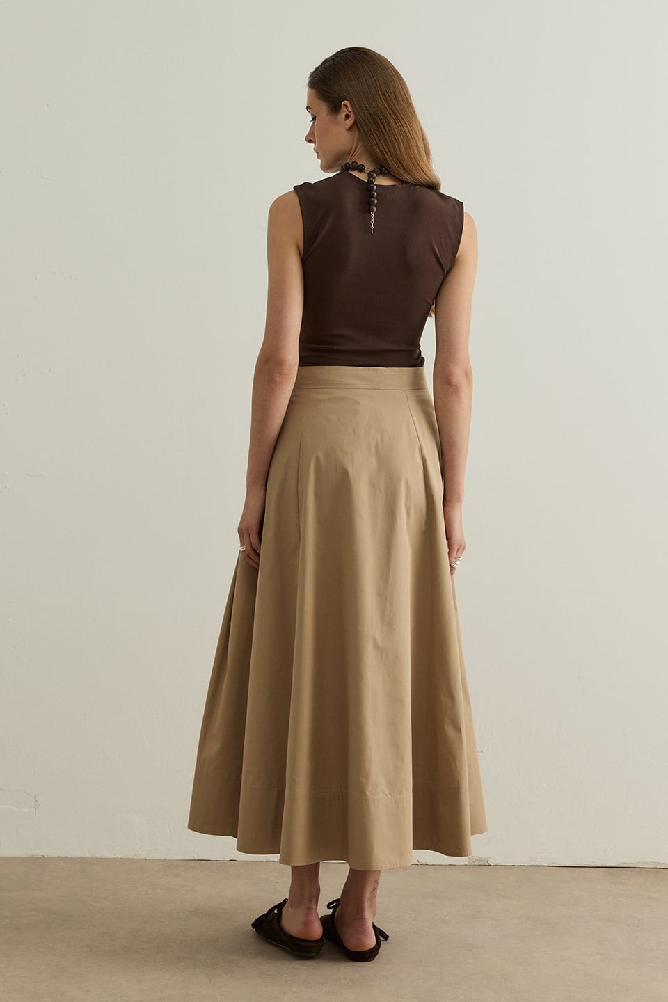 Camel Lena Stitch Detail Poplin Skirt