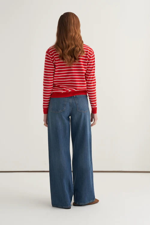 Ecru striped viscose knitwear t-shirt cardigan set