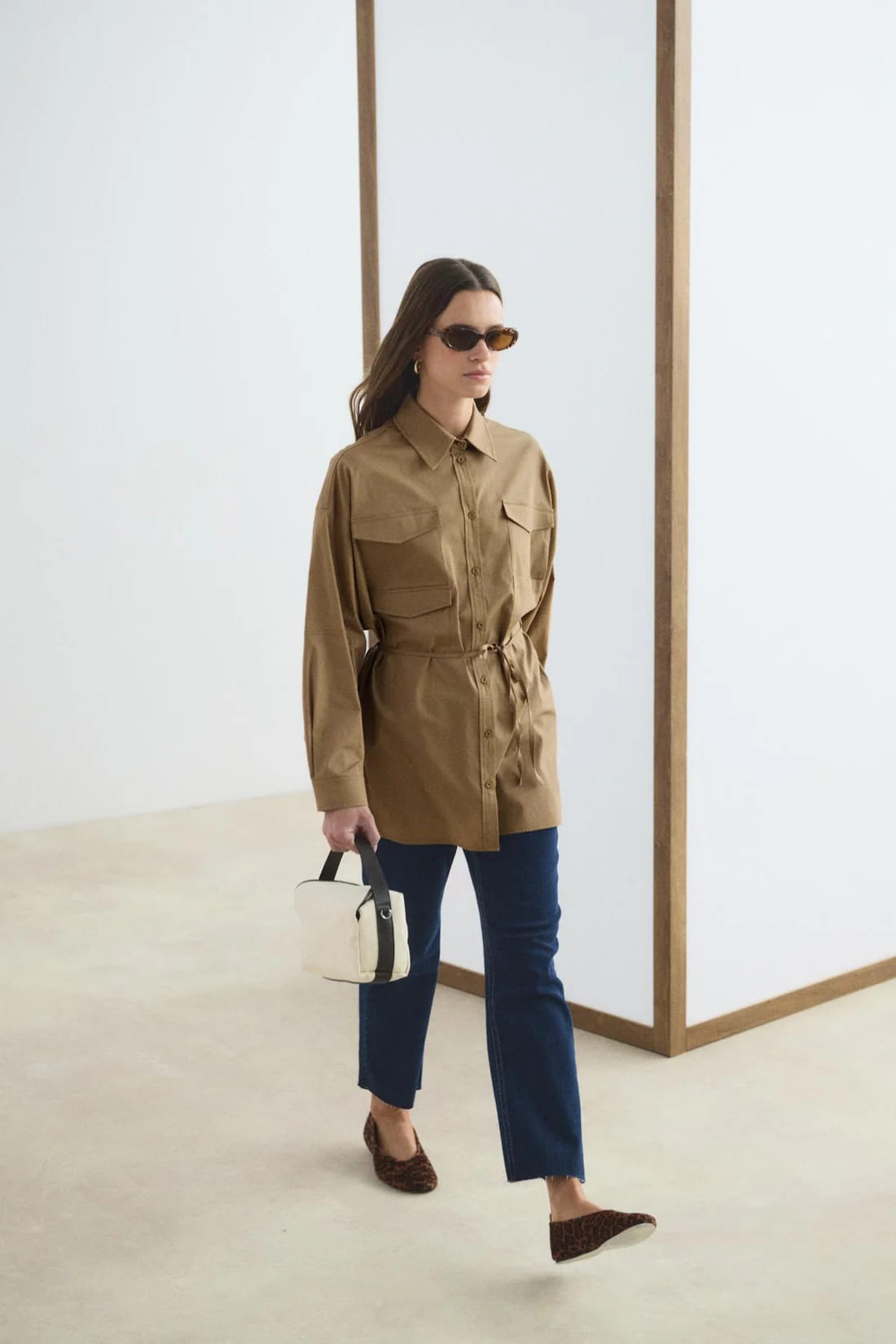 Camel pocketed piped belted oversize shirt