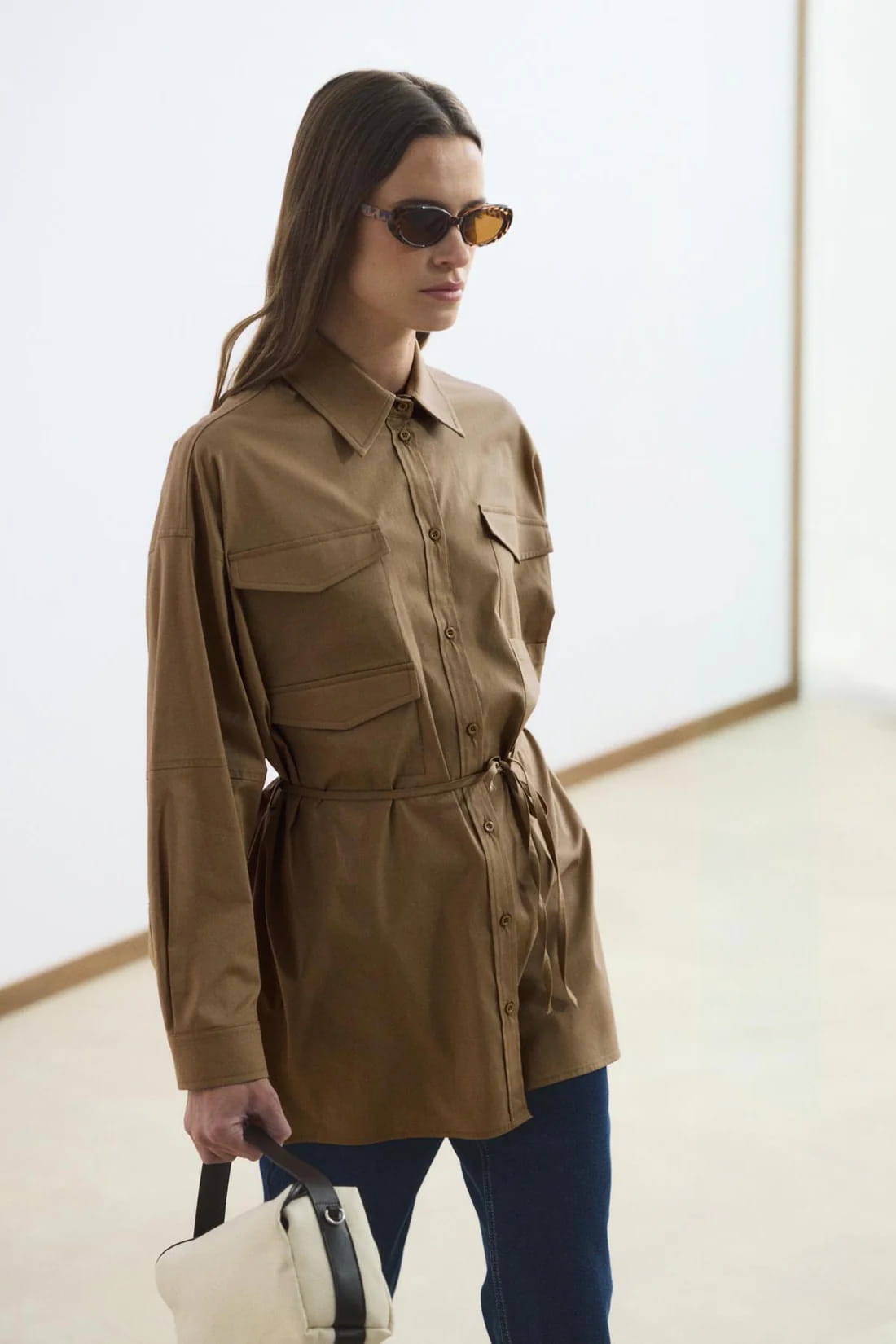Camel pocketed piped belted oversize shirt