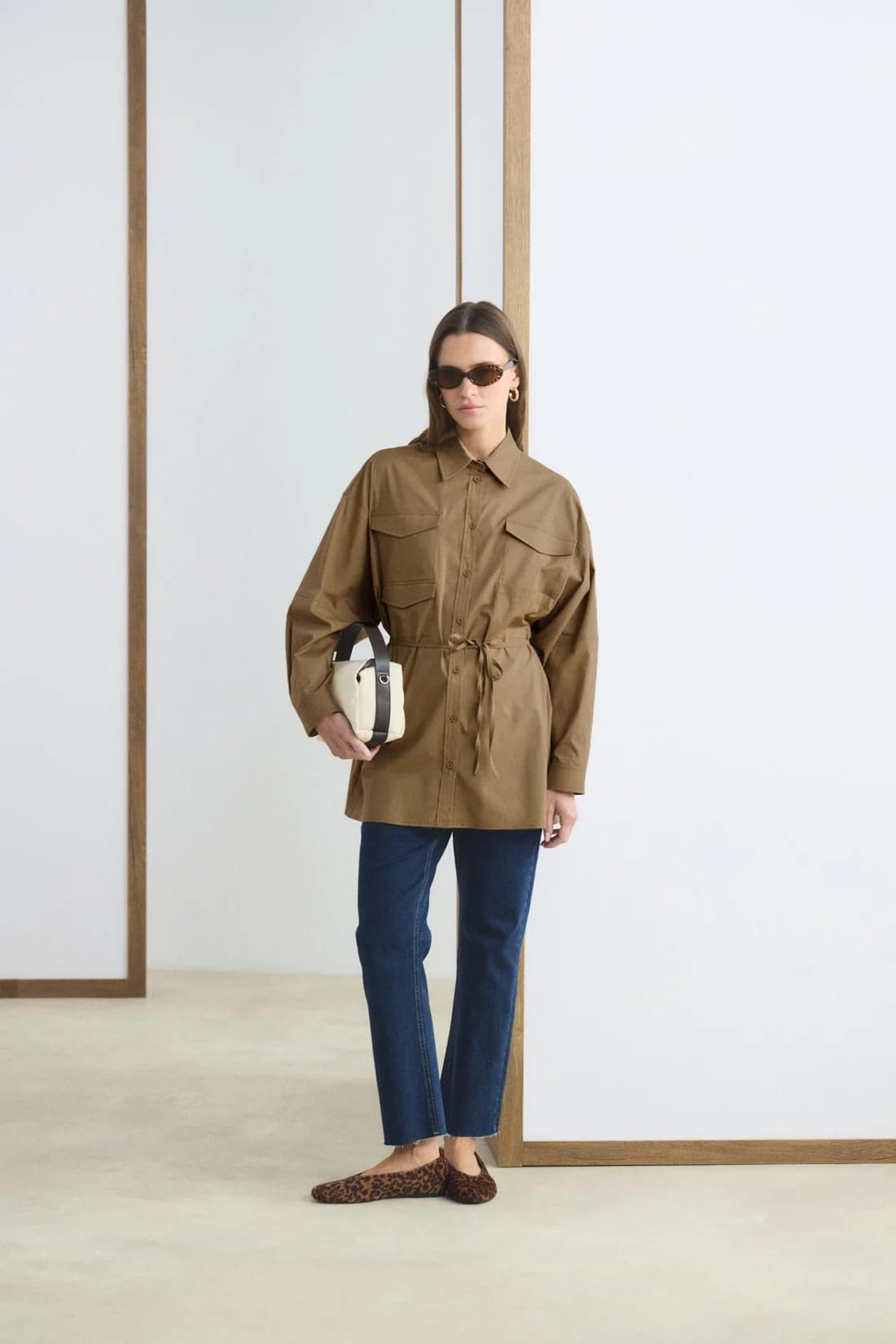 Camel pocketed piped belted oversize shirt