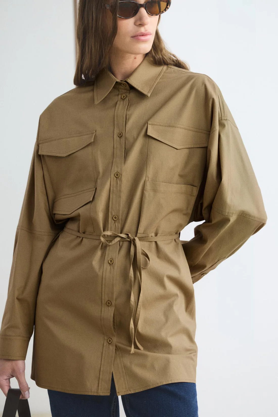 Camel pocketed piped belted oversize shirt