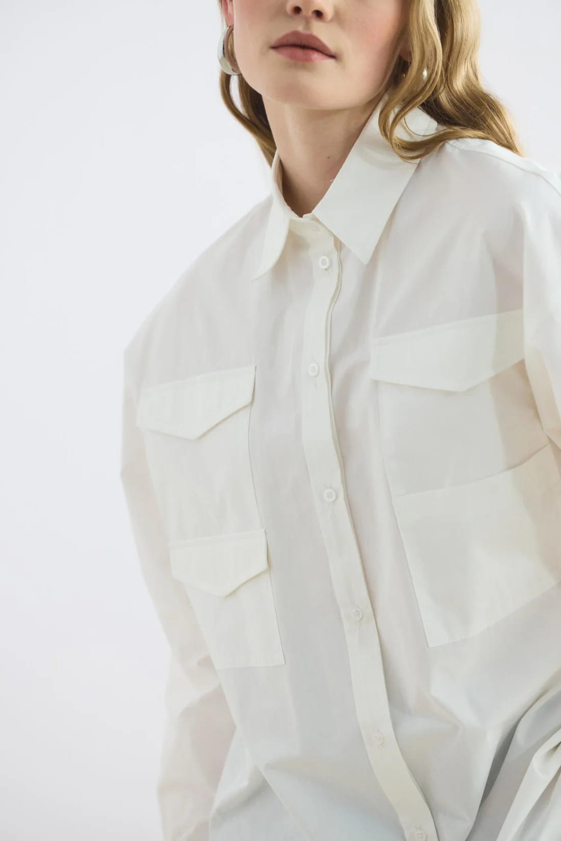 Ecru pocketed piped belted oversize shirt