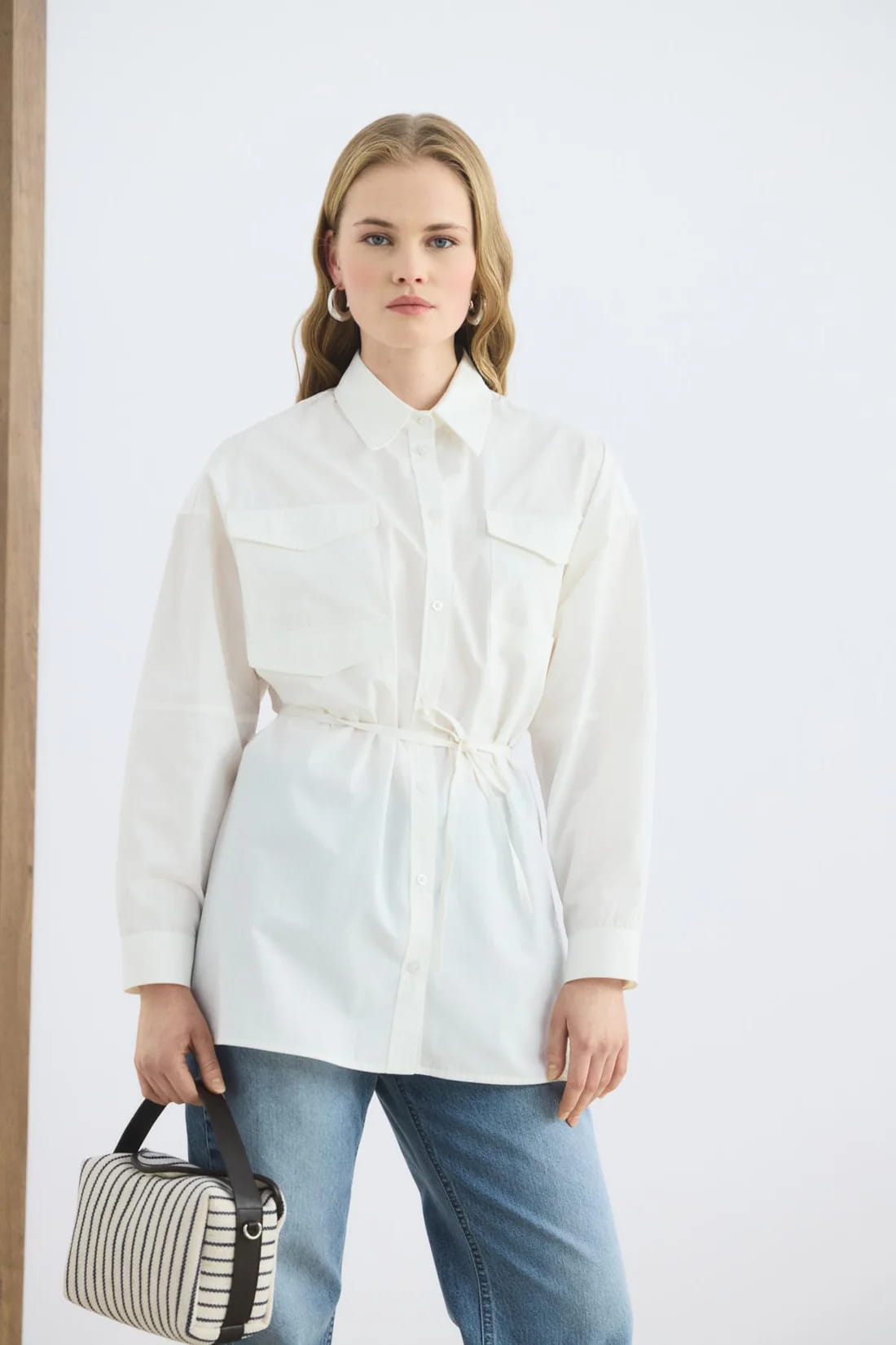 Ecru pocketed piped belted oversize shirt