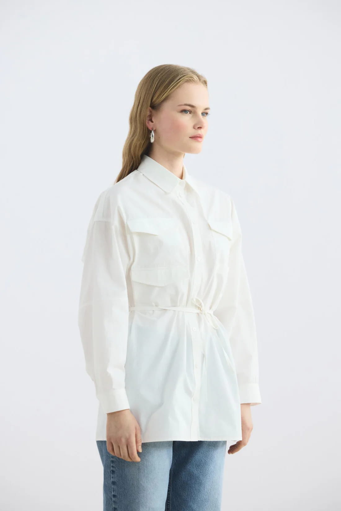 Ecru pocketed piped belted oversize shirt