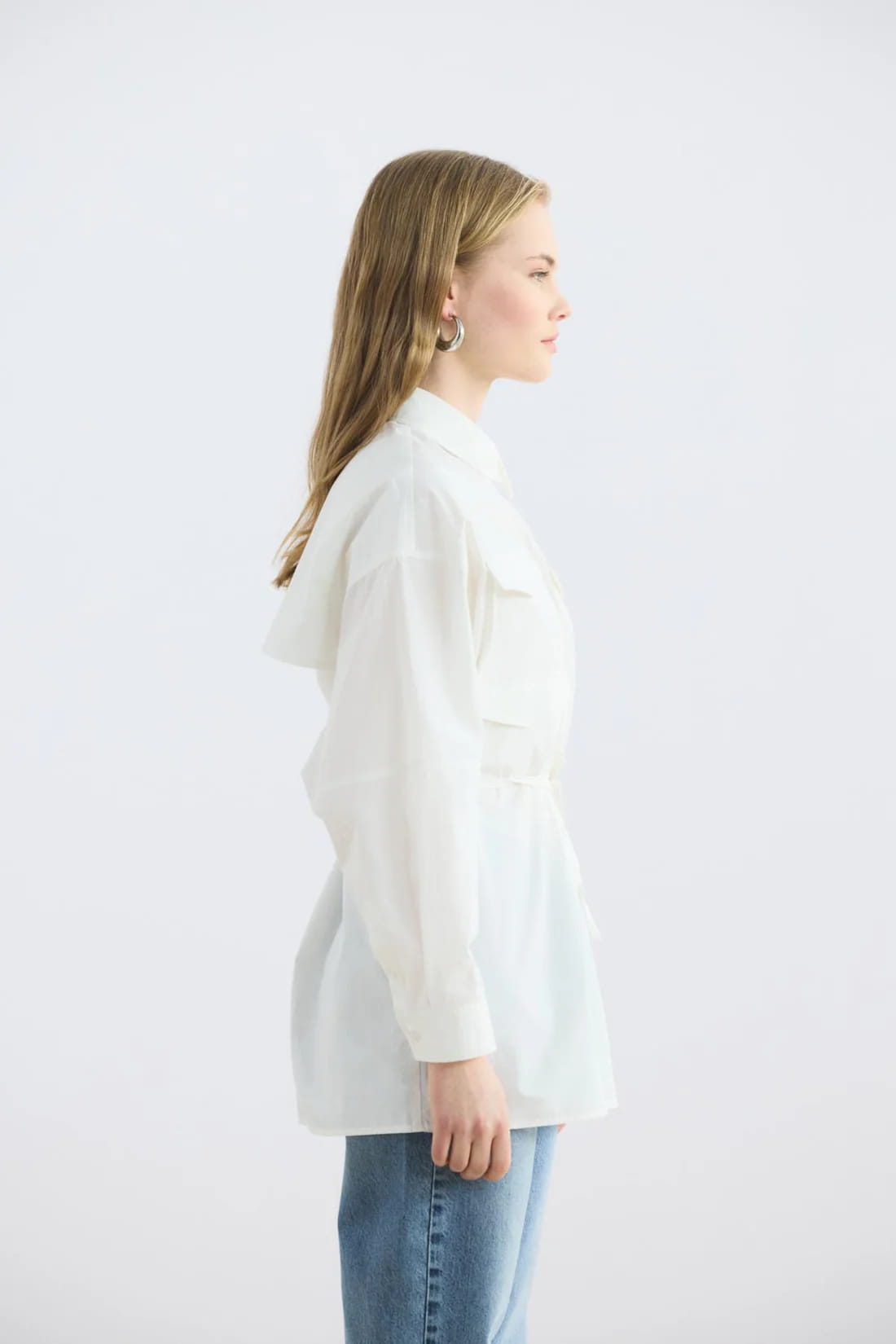 Ecru pocketed piped belted oversize shirt