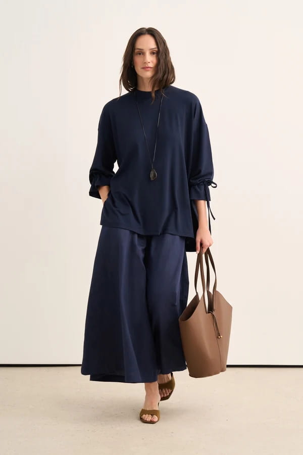 Navy Tie Sleeve Sweatshirt