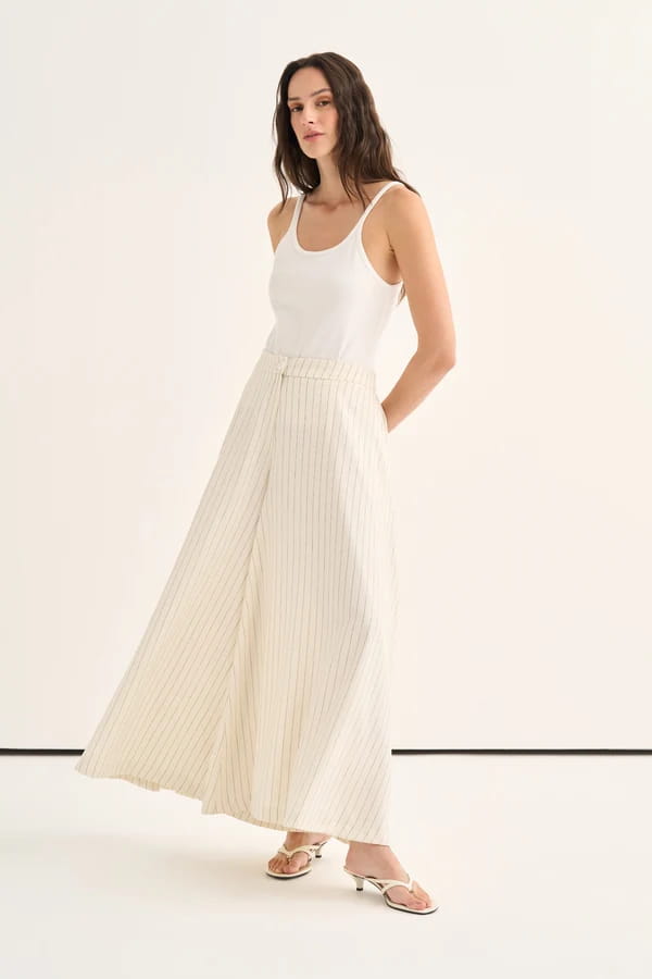 Ecru Striped Flared Trousers Skirt