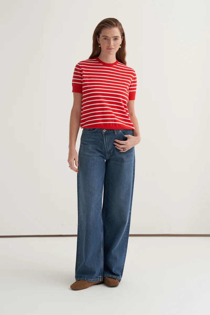 Ecru striped viscose knitwear t-shirt cardigan set