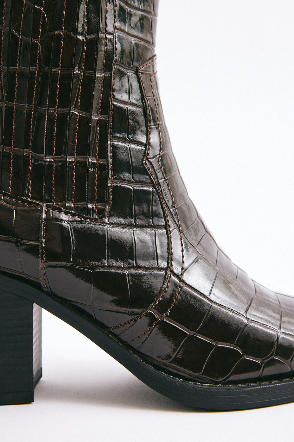 Dark brown croc square-toe elastic ankle boots