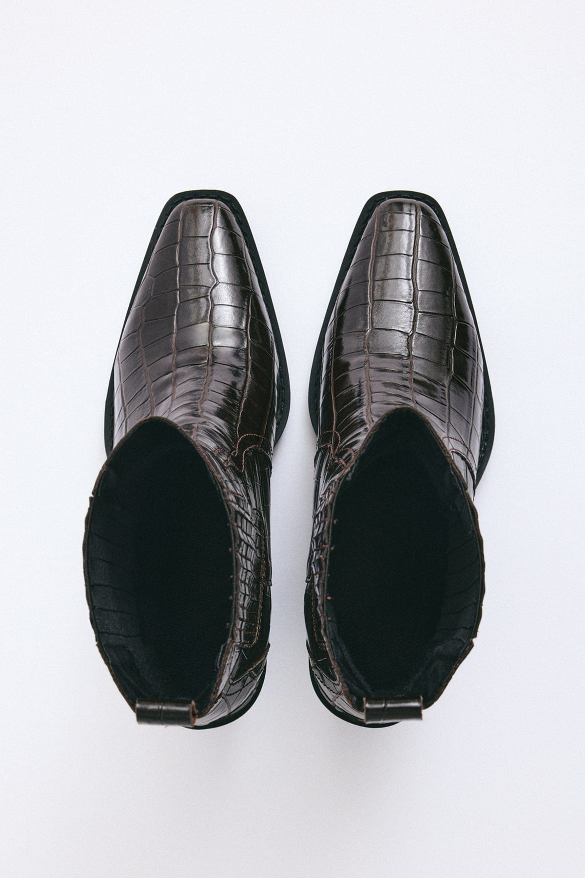 Dark brown croc square-toe elastic ankle boots