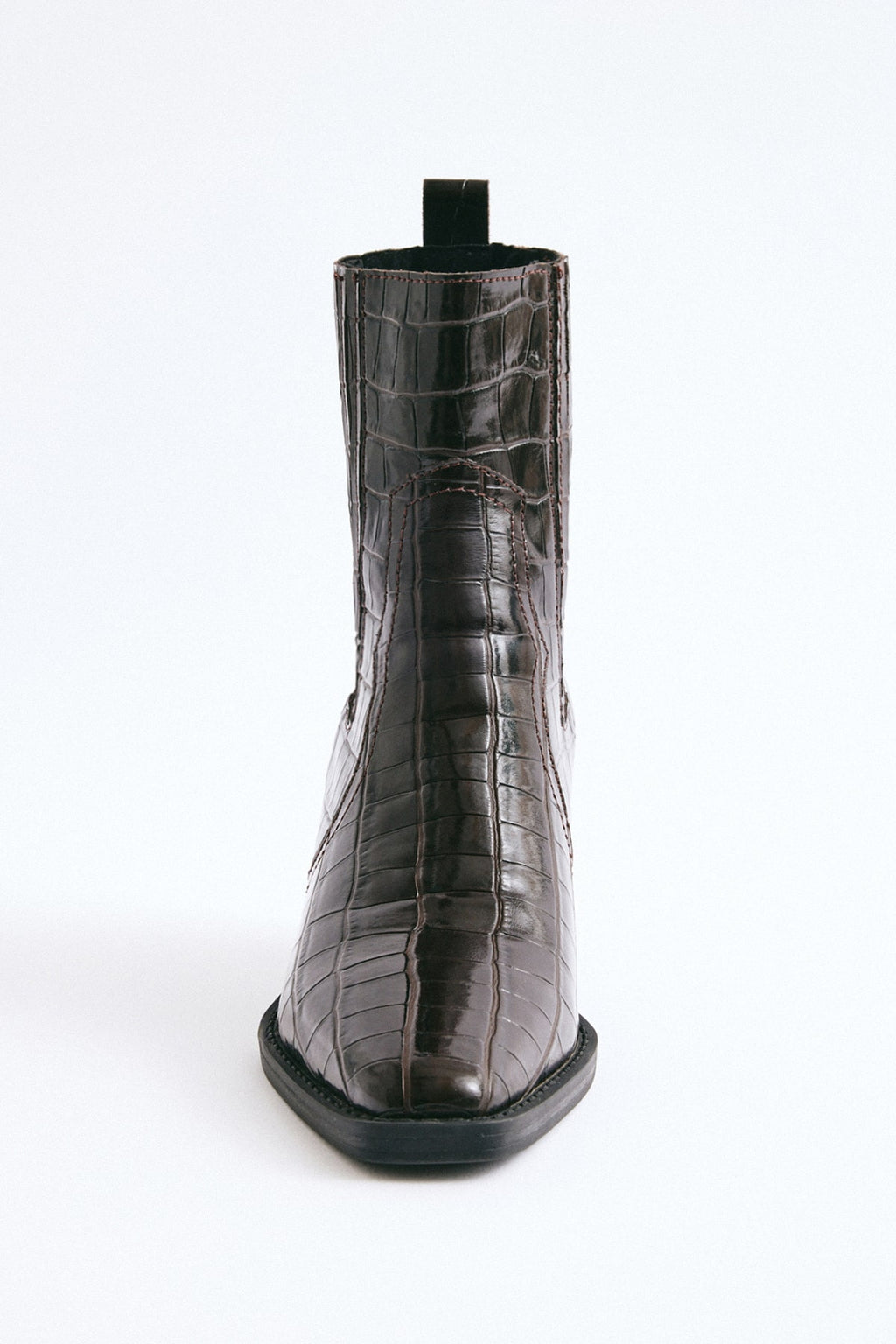 Dark brown croc square-toe elastic ankle boots