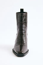 Dark brown croc square-toe elastic ankle boots