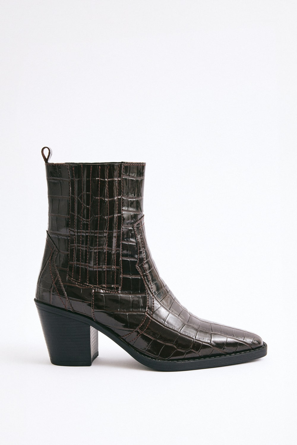 Dark brown croc square-toe elastic ankle boots