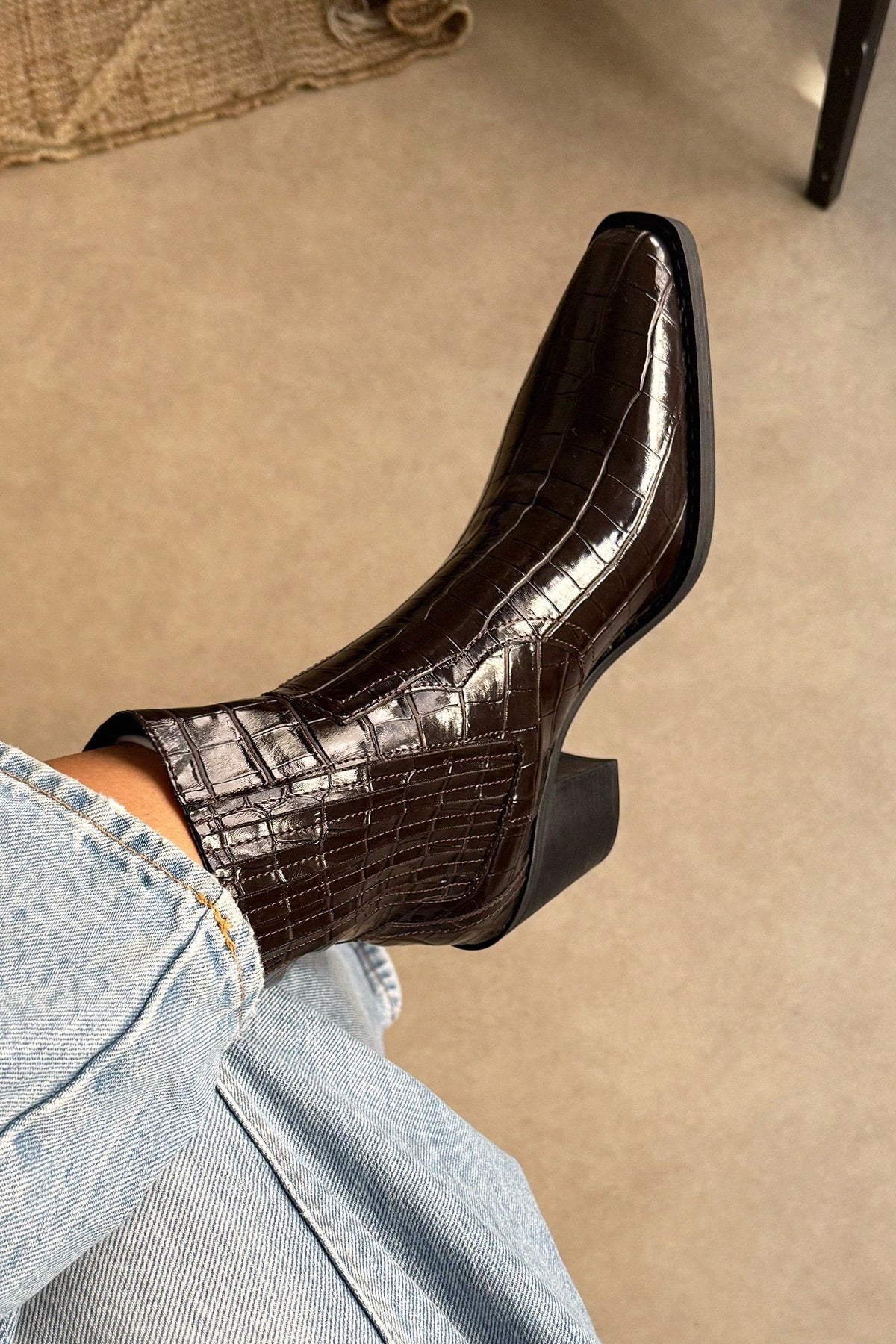 Dark brown croc square-toe elastic ankle boots