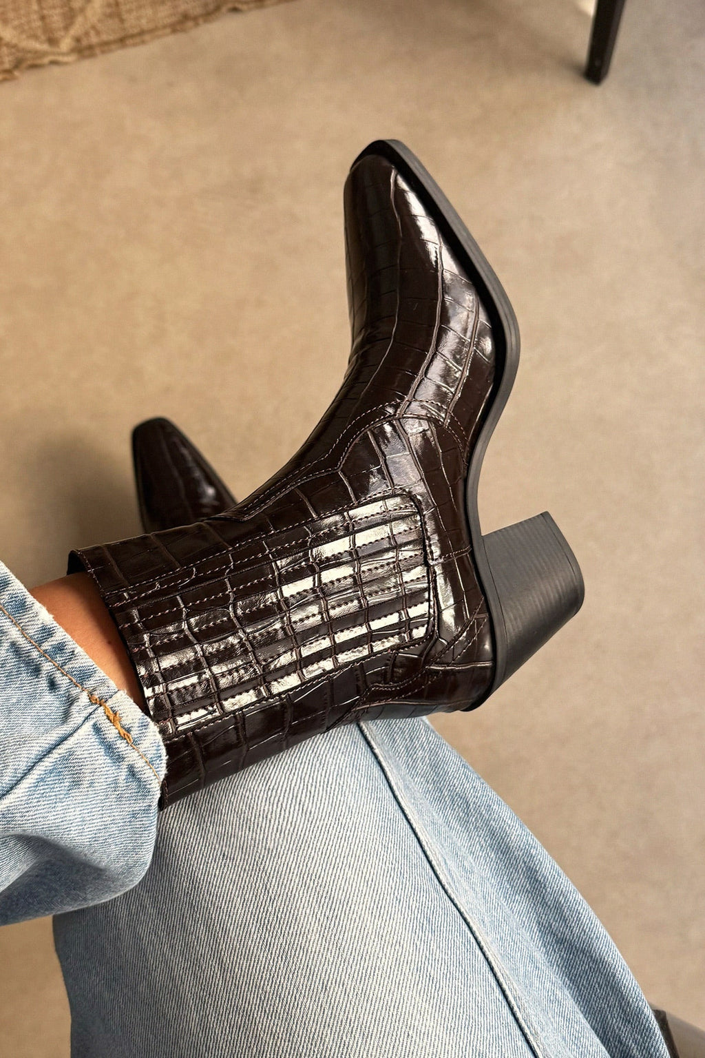 Dark brown croc square-toe elastic ankle boots