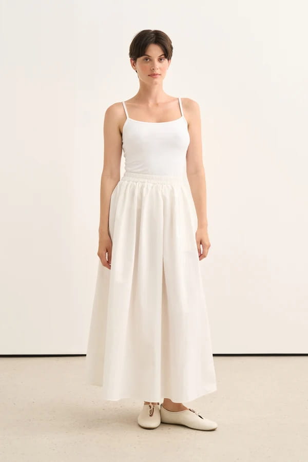 Ecru Elastic Waist Poplin Skirt
